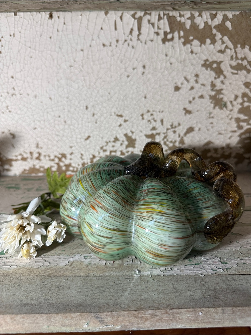 🎃 Vintage Handblown Glass Pumpkin Sculpture in Green, Brown, Yellow, Orange